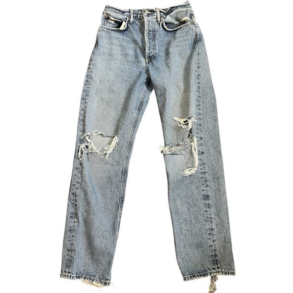 Agolde 90s High Rise Straight Jean Medium Indigo Knee Destruction Size 25 - Picture 2 of 13